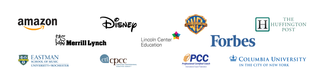 Client and credential logos: Amazon, Disney, Merrill Lynch, Lincoln Center Education, Warner Bros., Forbes, The Huffington Post, Eastman School of Music, CTI, ICF, and Columbia University